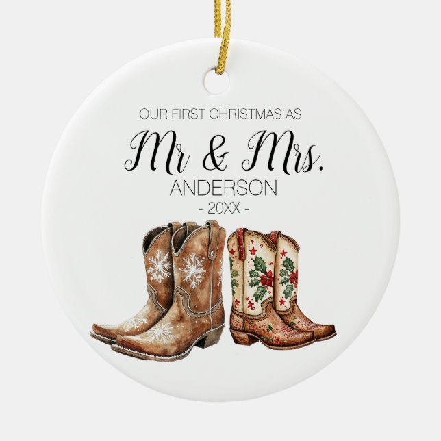 Cowboy Cowgirl Boots Erste Weihnachten als Mr & Mr Keramik Ornament (Vorne)