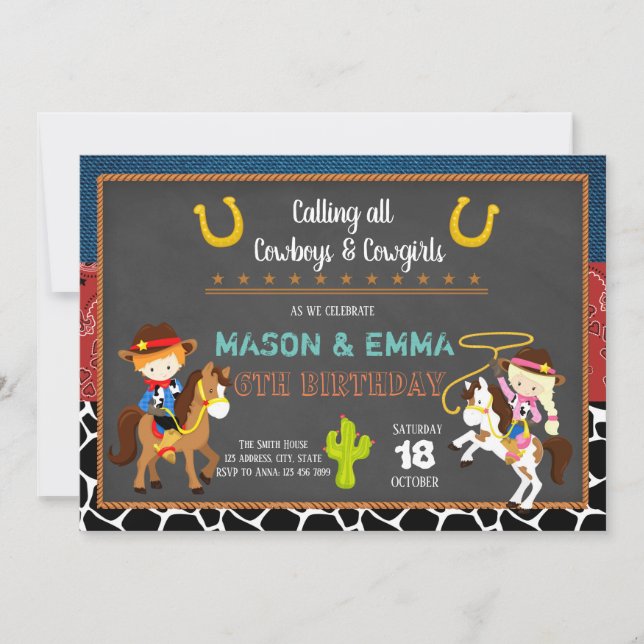 Cowboy-Cowgirl-Geburtstagsfeier Einladung (Vorderseite)