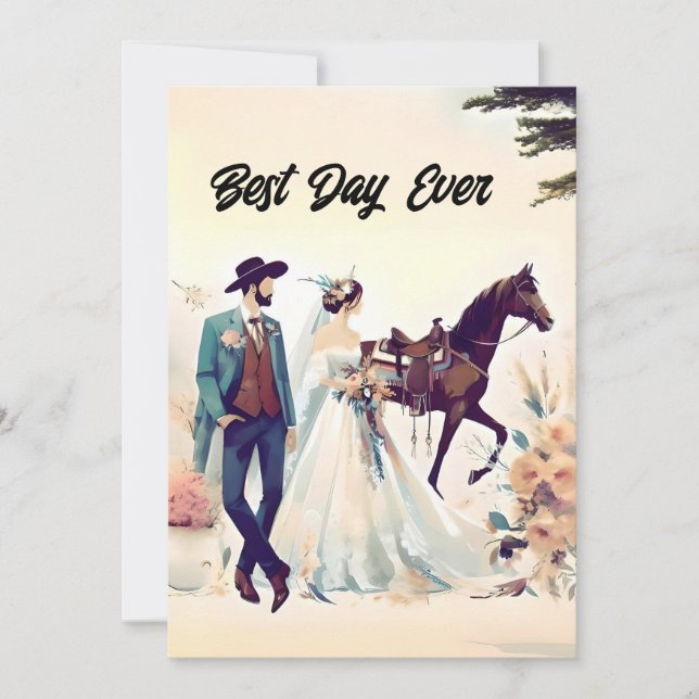 Cowboy, Cowgirl, Horse Best Day Ever Wedding Einladung (Vorderseite)