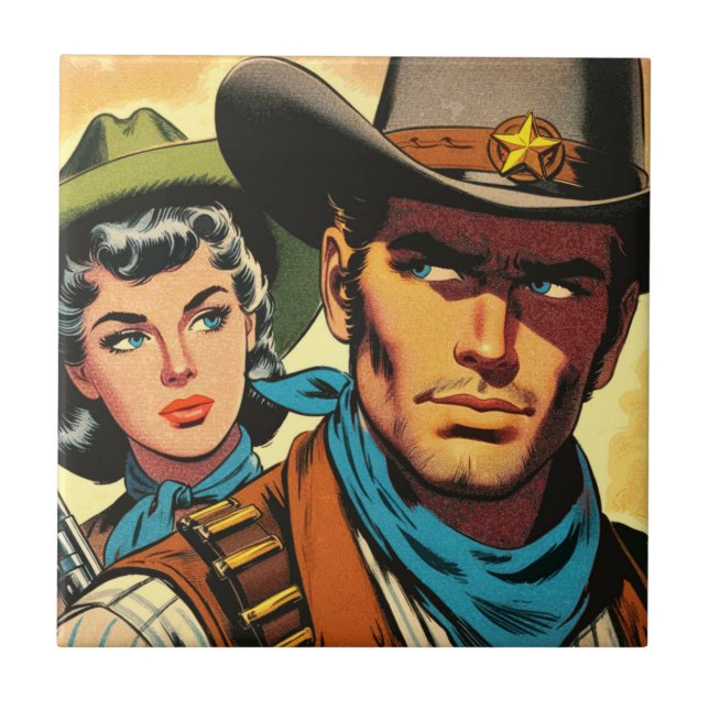 Cowboy/Cowgirl Retro Comicen Fliese (Vorderseite)