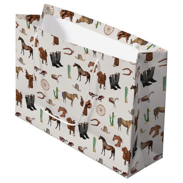 Cowboy Cowgirl Western Rodeo Country Pattern Große Geschenktüte (Vorderseite Schrägansicht)