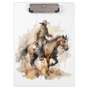 Cowboy, der auf einem braunen Pferd in Aquarell re Klemmbrett