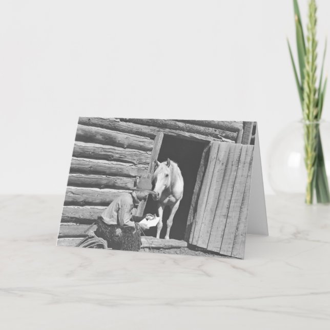 Cowboy, der einen Brief mit einem Pferd liest Karte (Vorderseite)