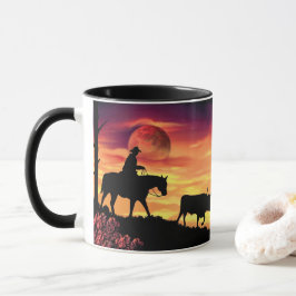 COWBOY, DER LONGHORN-OCHSE-SILHOUETTE IN HERDEN TASSE