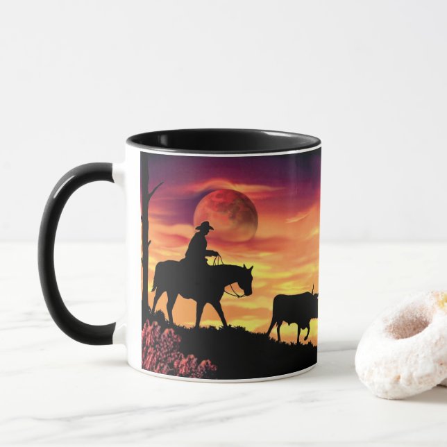 COWBOY, DER LONGHORN-OCHSE-SILHOUETTE IN HERDEN TASSE (Mit Donut)