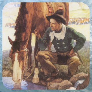 Cowboy, der sein Pferd tränkt von NC Wyeth, Vintag Quadratischer Aufkleber