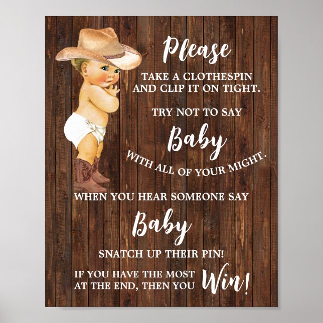 Cowboy Don't say Baby Clothespin Baby Shower Game Poster (Vorne)