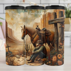 Cowboy Erholung Wüste Kreuzpferd Thermosbecher