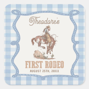 Cowboy erstes Rodeo Gingham Geburtstag  Quadratischer Aufkleber