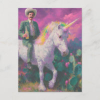 Cowboy fährt ein Einhorn im Lila Himmel der Wüste