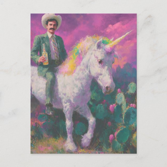 Cowboy fährt ein Einhorn im Lila Himmel der Wüste Postkarte (Vorderseite)