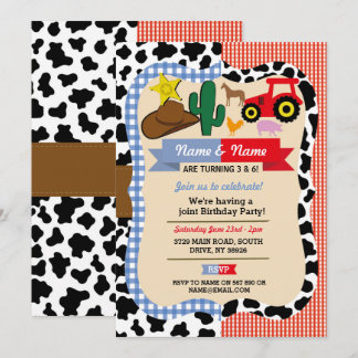 Cowboy & Farm Joint Boy Girl Birthday Tierpferd Einladung