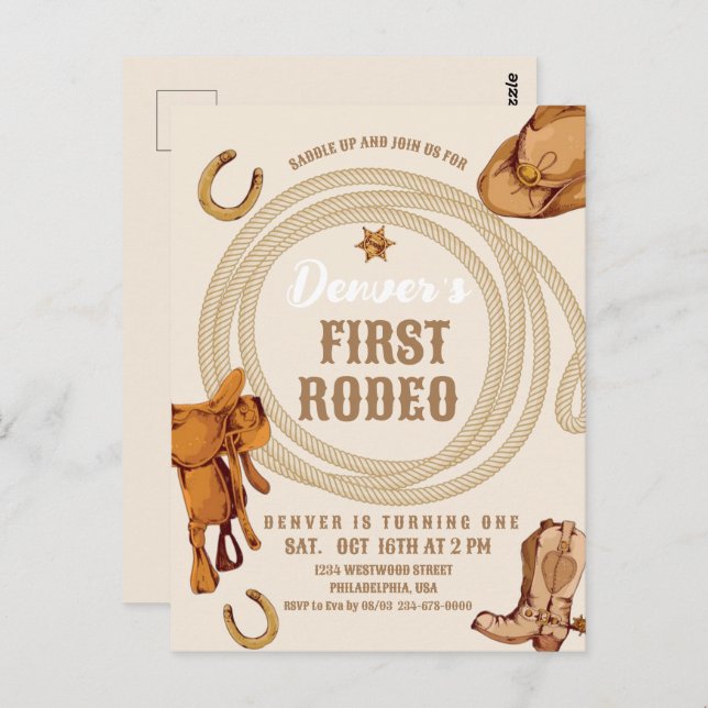 Cowboy First Rodeo Geburtstag Einladung Gender Neu Postkarte (Vorne/Hinten)