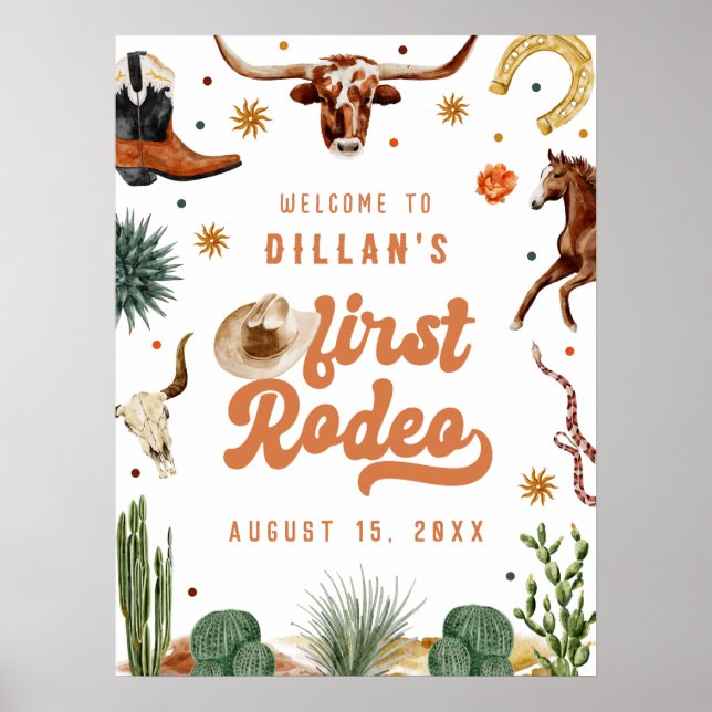 Cowboy First Rodeo Geburtstag Willkommen Poster (Vorne)