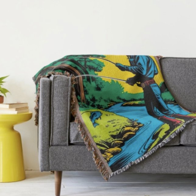 Cowboy-Fischer am Flussufer  Decke (Retro Cowboy Fishing Riverside Scene blanket - soft and colourful available  in 3 different sizes. )