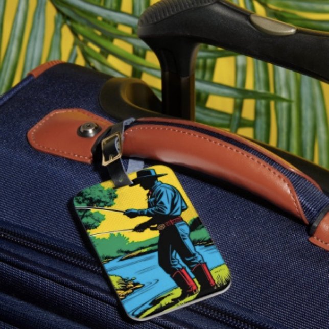 Cowboy-Fischer am Flussufer Gepäckanhänger (Retro Cowboy Fishing Riverside Scene single-sided w Card Slot, weatherproof, leather strap included.)