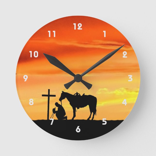 Cowboy Gebet Silhouette Wall Clock Runde Wanduhr (Vorderseite)