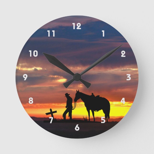 Cowboy Gebet Silhouette Wall Clock Runde Wanduhr (Vorderseite)