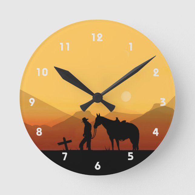Cowboy Gebet Silhouette Wall Clock Runde Wanduhr (Vorderseite)