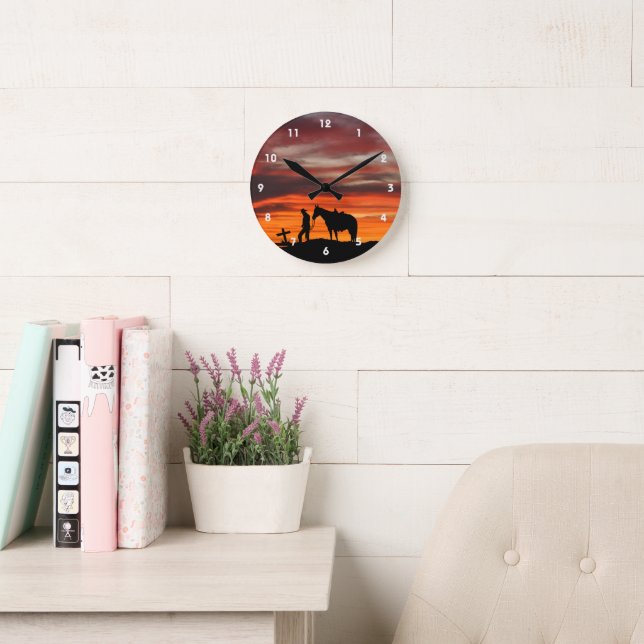 Cowboy Gebet Silhouette Wall Clock Runde Wanduhr (Lesesaal)