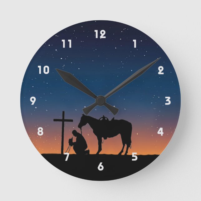 Cowboy Gebet Silhouette Wall Clock Runde Wanduhr (Vorderseite)