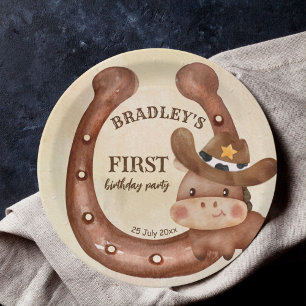 Cowboy Geburtstagsbaby Pferd in einem Hut Pappteller