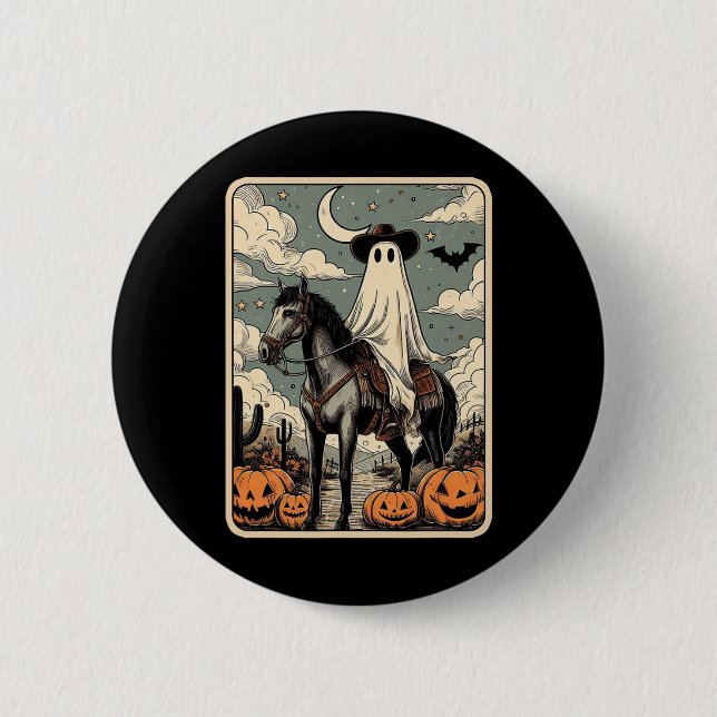 Cowboy Ghost Reitpferd Funny Tarot Card Hallowage Button (Vorderseite)