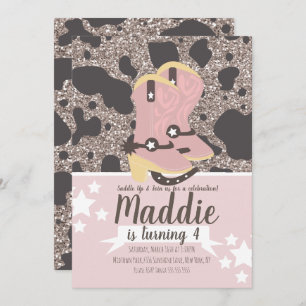 Cowboy Girl Birthday Glitzer Cow Print Party Einladung