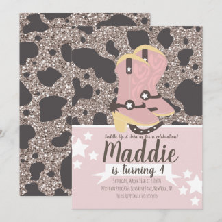 Cowboy Girl Birthday Glitzer Cow Print Party Einladung