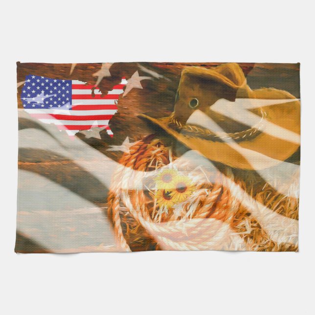 Cowboy Hat American Flag Sunray Geschirrtuch (Horizontal)