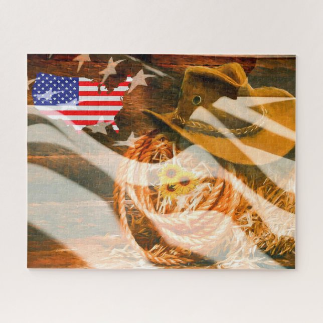 Cowboy Hat American Flag Sunray Puzzle (Horizontal)
