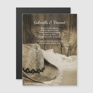 Cowboy Hat Barn Wood Western Hochzeit Retten Sie d Magneteinladung