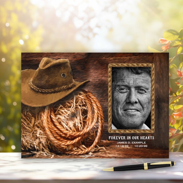Cowboy Hat Foto Funeral Memorial Guest Book Gästebuch (Rustic cowboy memorial service and funeral guest book.)