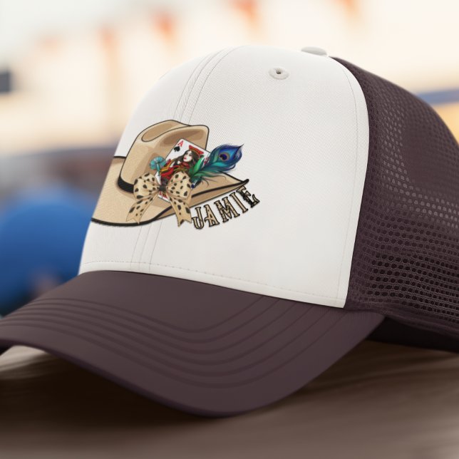 Cowboy Hat Kartenspielen und Peacock Trucker Hat Truckerkappe (Cute western themed cowboy hat with special collection items in hat band.  Customize this one too!)