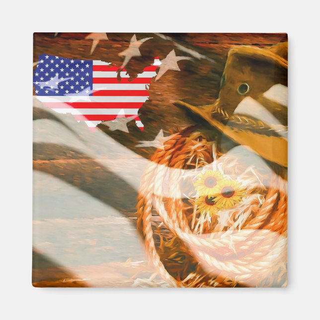 Cowboy Hat Lasso American Flag Sunray Magnet (Vorne)