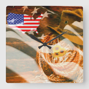 Cowboy Hat Lasso American Flag Sunray Quadratische Wanduhr