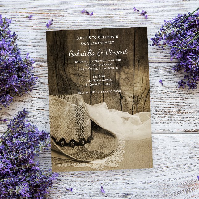 Cowboy Hat und Barn Wood Western Engagement Party Einladung (Von Creator hochgeladen)