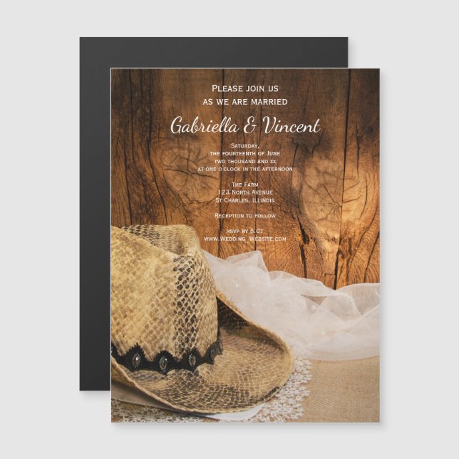 Cowboy Hat und Barn Wood Western Hochzeit Magneteinladung (Vorne/Hinten)