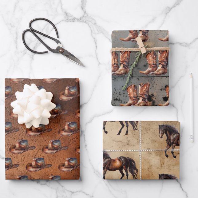 Cowboy Hats Boots Cowhide Holzleder Geschenkpapier Set (Vorderseite)