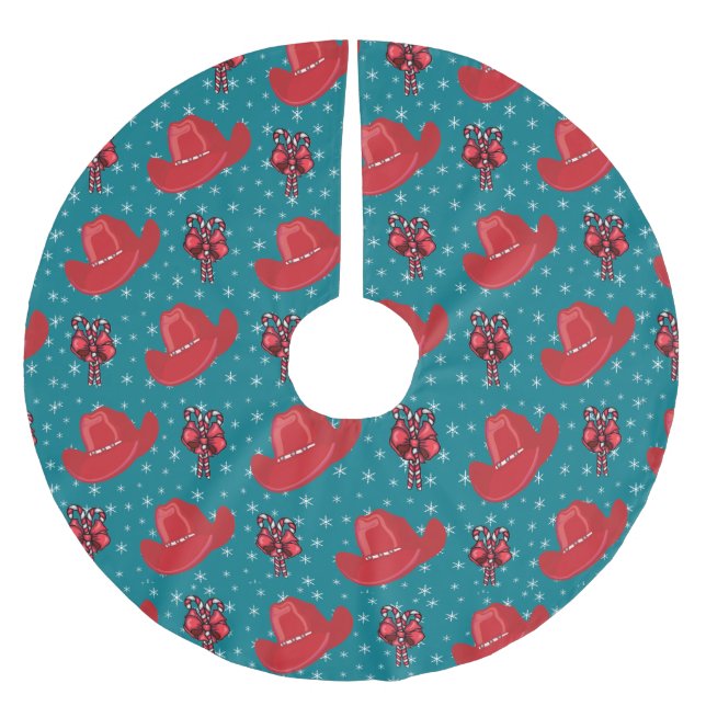 Cowboy Hats und Candy Canes Weihnachtsrock Polyester Weihnachtsbaumdecke (Vorderseite)