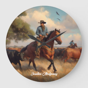 Cowboy Herding Cattle on Horseback Große Wanduhr