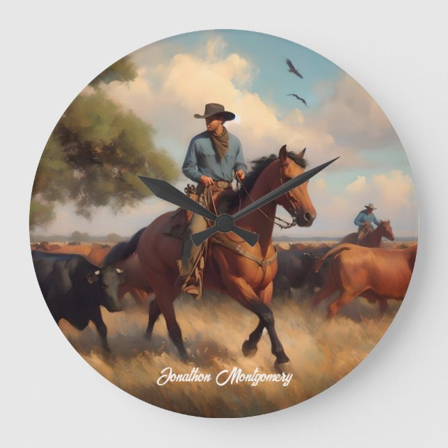Cowboy Herding Cattle on Horseback Große Wanduhr (Vorderseite)