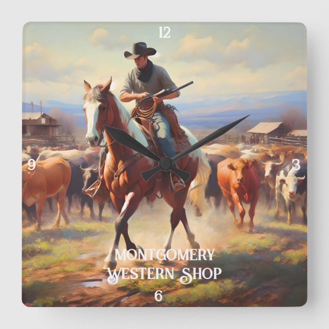 Cowboy Herding Cattle on Horseback Quadratische Wanduhr (Vorderseite)