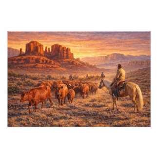 Cowboy Herding Cows at Sunset Fotodruck