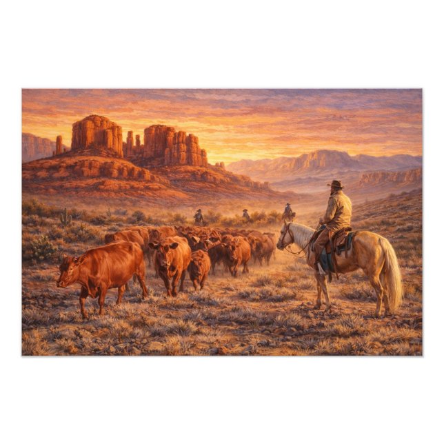 Cowboy Herding Cows at Sunset Fotodruck (Vorne)
