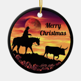 Cowboy Herding Longhorn Steer Keramik Ornament