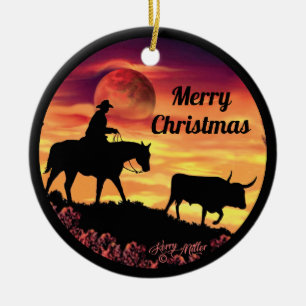 Cowboy Herding Longhorn Steer Keramik Ornament
