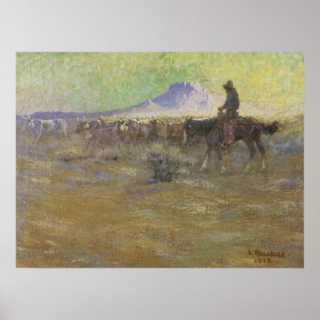 Cowboy Herding Rind auf der Range von Lon Megargee Poster (Vorne)