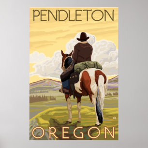 Cowboy & Horse - Pendleton, Oregon Poster