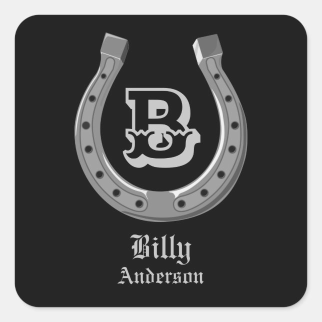 Cowboy Horse Shoe Personalisiert Monogram Quadratischer Aufkleber (Vorderseite)